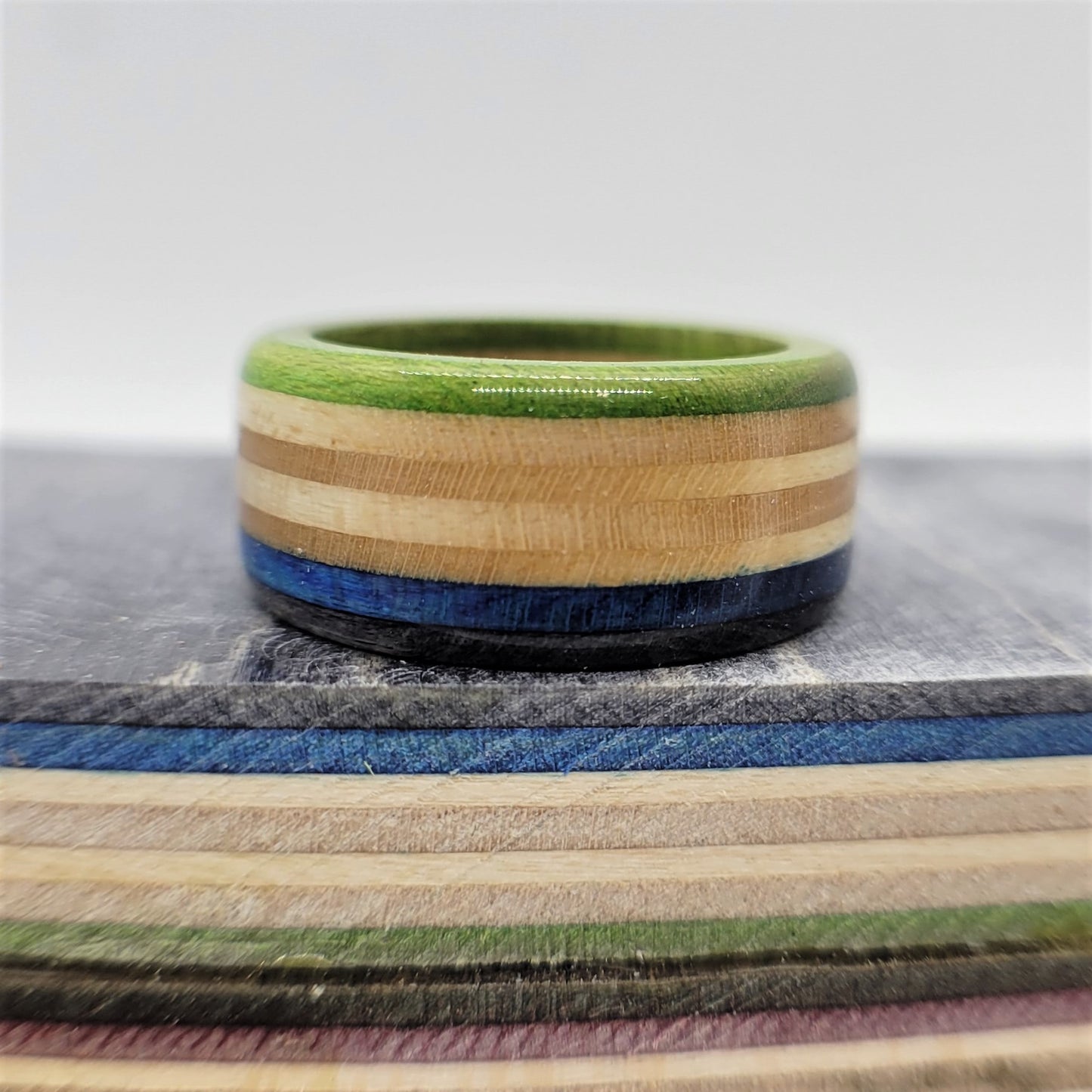 Recycled Skateboard Ring - Green Blue and Black