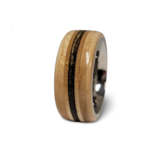 Comfort Fit Recycled Skateboard Ring - Natural Wood and Black