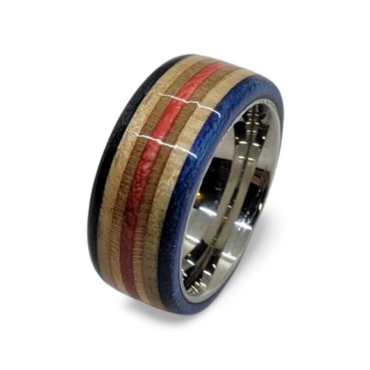 Black Red and Blue Ring made From Recycled Skateboard With Stainless Steel Comfort Fit Core