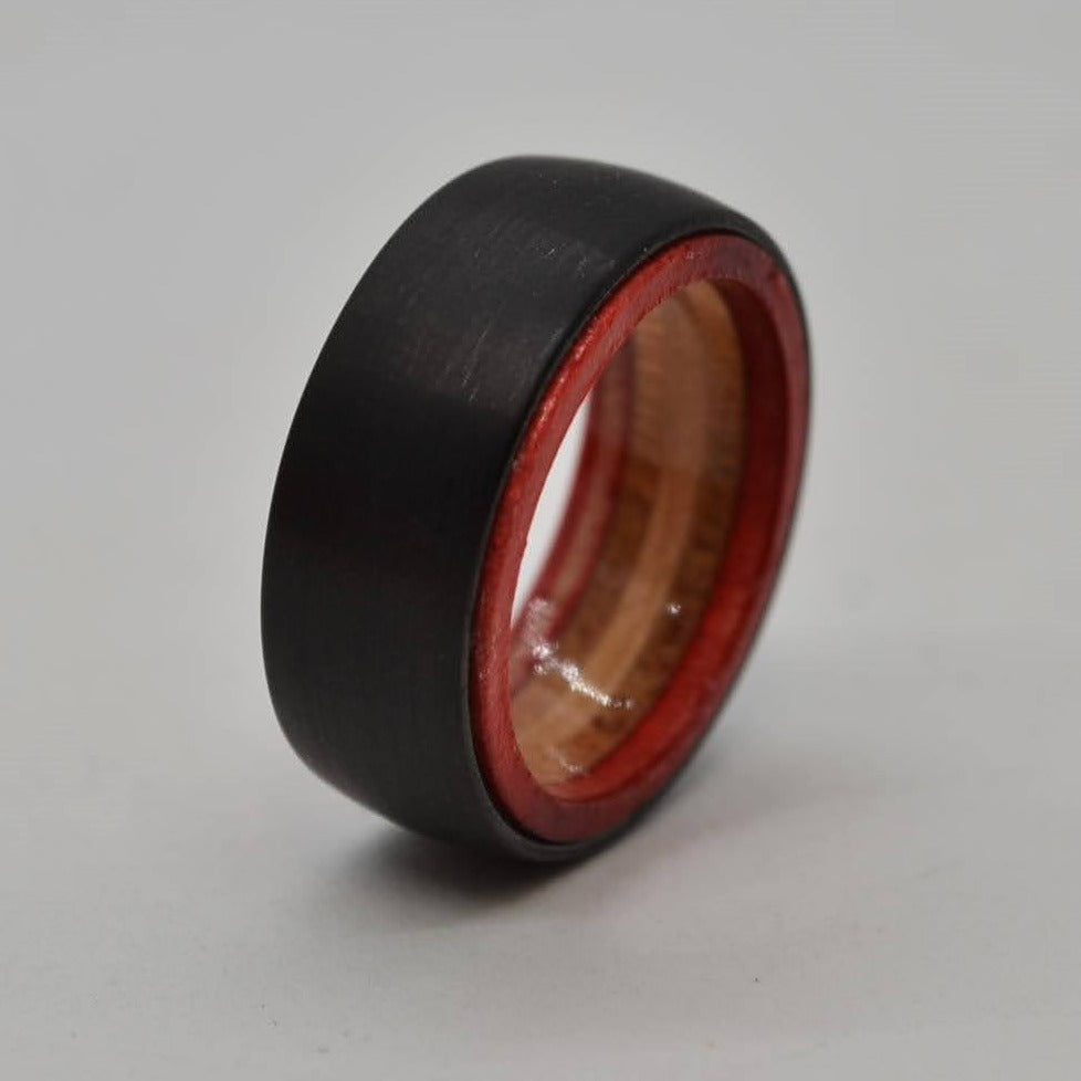 Tungsten Skateboard Ring - Red and Natural Wood