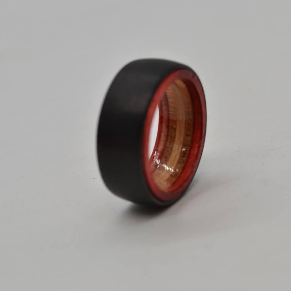 Tungsten Skateboard Ring - Red and Natural Wood