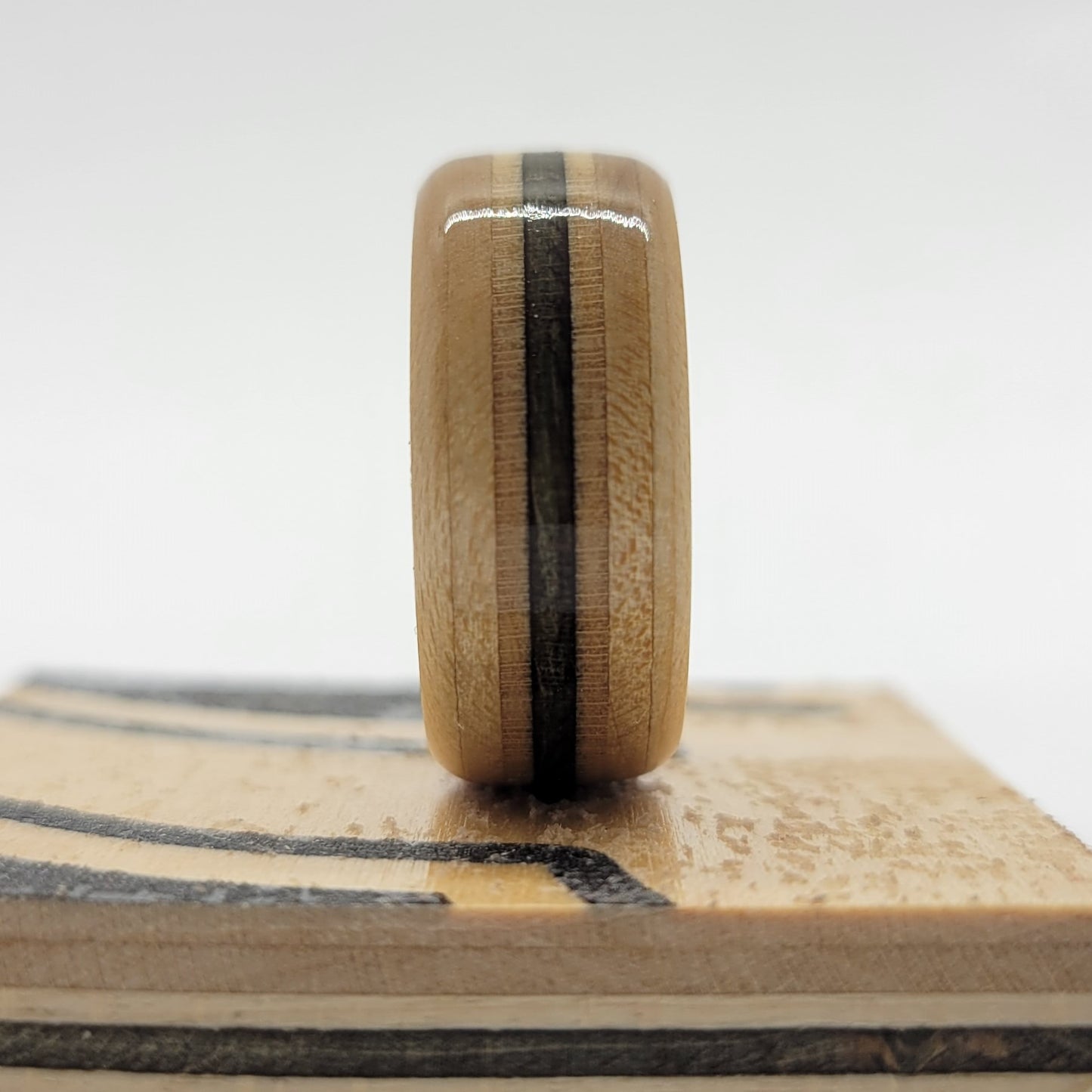 Recycled Skateboard Ring - Natural Wood and Black